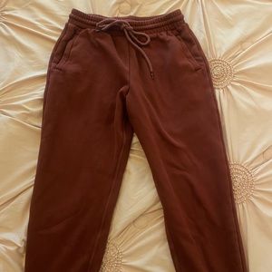 Burgundy joggers from Fabletics, worn and washed